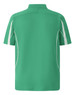A green men's polo shirt featuring short sleeves and contrasting white piping, with a logo on the back.