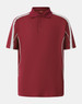 A maroon polo shirt featuring white stripes and a logo. It has a classic collar and short sleeves.