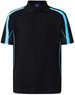 A navy blue polo shirt featuring turquoise accents and a logo on the chest area. Short sleeves and a classic collar.