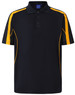 A navy polo shirt featuring yellow accents and a collar, designed with short sleeves and a logo.