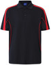 A navy and red men's polo shirt featuring short sleeves and a logo.