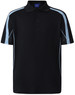 A navy blue polo shirt with light blue accents and a collar, featuring buttons and a logo.