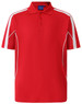 A red polo shirt with short sleeves, featuring white side stripes and a logo on the chest.