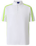 A white polo shirt with light green details and a logo on the chest. Short sleeves and classic collar design.