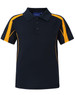 A navy blue polo shirt with yellow accents and a mesh detail on the sides. It features a collar and three buttons.