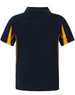 A navy blue polo shirt with yellow accents, featuring a collar and short sleeves. It has a logo displayed.