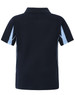 A short-sleeved navy polo shirt featuring light blue accents and a logo on the back.