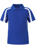 A blue kids' polo shirt with white side panels and a collar, featuring a logo on the chest area.