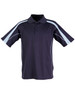 A navy polo shirt with light blue accents and a collar. It features a logo on the chest.