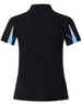 A black short sleeve polo shirt with light blue accents and a logo. The back features a fitted design.