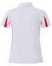 A white polo shirt with red accents and a logo, featuring a short sleeve and a classic collar design.