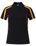 A black and yellow short sleeve polo shirt with a branded logo on the front and contrasting side panels.