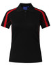 A short sleeve polo shirt in dark brown with red accents and a logo on the chest.