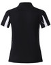 A black short sleeve polo shirt with white accents and a logo on the front.