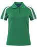 A green and white short sleeve polo shirt featuring a collar and contrasting side panels, with a logo on the chest.