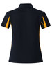 A black polo shirt with short sleeves featuring orange side panels and a logo. Back view displayed.