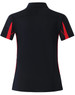 A black polo shirt with red accents and a collar, featuring a logo on the front.