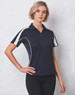 A navy polo shirt featuring white side panels and a subtle branding logo. Ideal for casual or sporty settings.