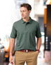 A green polo shirt with a collar, featuring short sleeves and a logo on the chest.