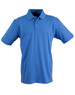 A blue men's polo shirt with a collar and short sleeves, featuring a logo on the chest area.