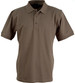 A brown polo shirt with a classic collar and three buttons, featuring a logo on the chest.