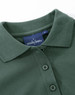 A green ladies cotton stretch polo shirt featuring a collar and three buttons, with a brand label visible.