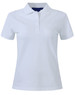 A white ladies cotton stretch polo shirt with a collar and a three-button placket. Features a logo on the chest.