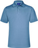 A blue men's polo shirt with a classic collar and a three-button placket. It features branding on the inside collar.