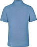 A blue polo shirt with a collar and short sleeves, featuring a logo on the back.