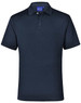 A navy men's polo shirt with a collar, short sleeves, and a three-button placket. It features a logo.