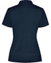 A navy blue ladies' polo shirt with a short sleeve and a collar, featuring a branding logo.