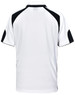A white polo shirt with black accents and a logo on the back. The shirt features short sleeves and a classic collar.
