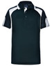 A black and white kid's polo shirt featuring a collar and a logo on the chest area.