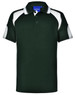 A dark green polo shirt with white accents and a buttoned collar. It features a logo on the chest area.