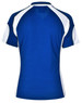 A blue and white ladies' polo shirt featuring a sporty design and a logo.