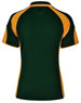 A back view of a polo shirt featuring dark green with orange accents and a logo.