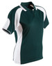 A green and white polo shirt featuring a collar and short sleeves, with a logo on the chest.
