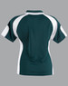 A polo shirt in dark green with white accents and a logo on the back.