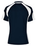 A navy blue polo shirt with white accents, featuring a sporty design and a logo on the back.