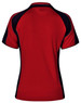 A red polo shirt featuring navy accents and a logo, designed for women's wear.