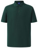 A green men's polo shirt featuring a collar, short sleeves, and a logo on the chest area.