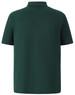 A green men's polo shirt featuring short sleeves and a collar, with a branding logo on the back.