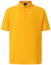 A yellow polo shirt featuring a collar, short sleeves, and three buttons. It has a logo on the chest.