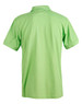 A green polo shirt with short sleeves and a collar, featuring a branding logo.