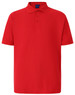 A bright red polo shirt with a collared neckline and short sleeves, featuring a logo on the chest.