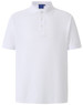 A white men's polo shirt featuring short sleeves and a three-button placket. It has a logo on the chest.