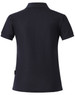 A navy blue ladies' polo shirt with a collared neckline and short sleeves, featuring a logo on the side.