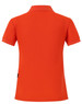 A vibrant orange ladies' polo shirt with a classic collar and short sleeves, featuring a logo.