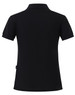 A black ladies' polo shirt featuring a classic design and a collar, with a logo on the back.