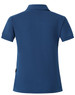 A navy ladies' polo shirt with a classic collar and short sleeves, featuring a logo on the side.
